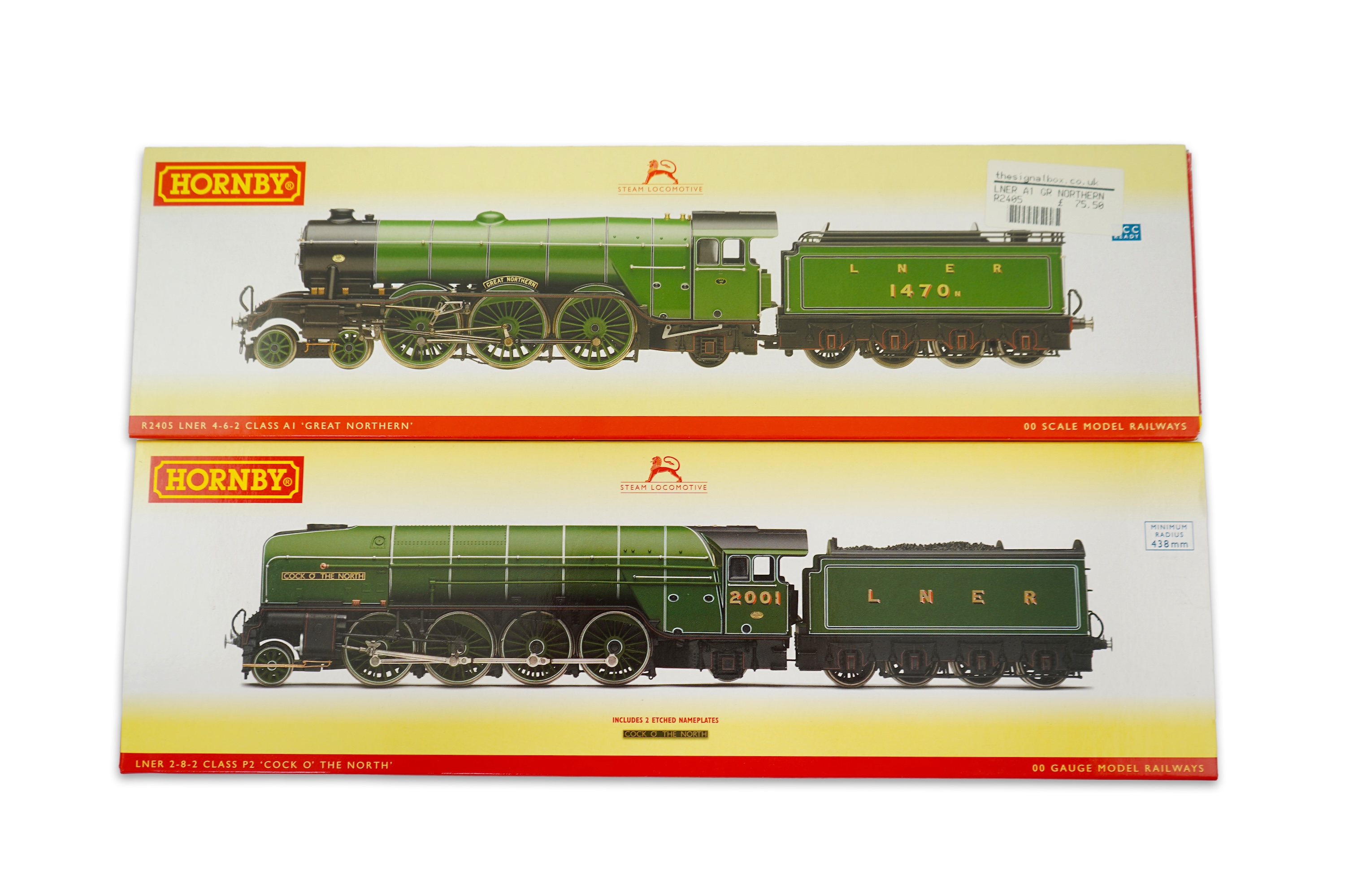 Two boxed Hornby Hobbies 00 gauge railway LNER tender locomotives; a class A1, Great Northern 1470, (R2405), together with a class P2, Cock O the North 2001, (R3207)
